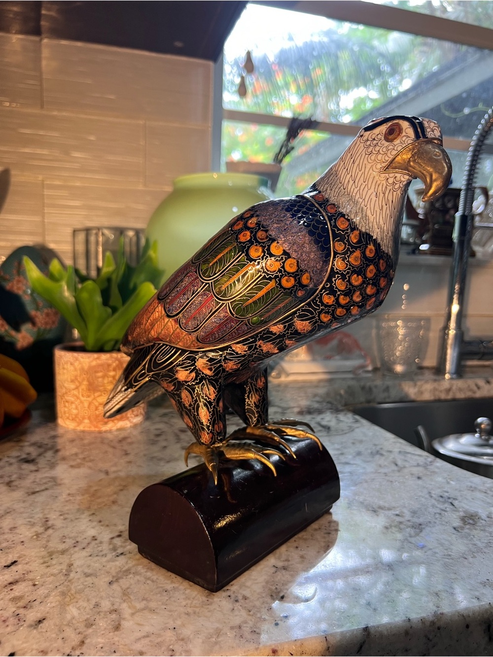 Gorgeous Jewel toned Perched Cloisonné Eagle Statuette